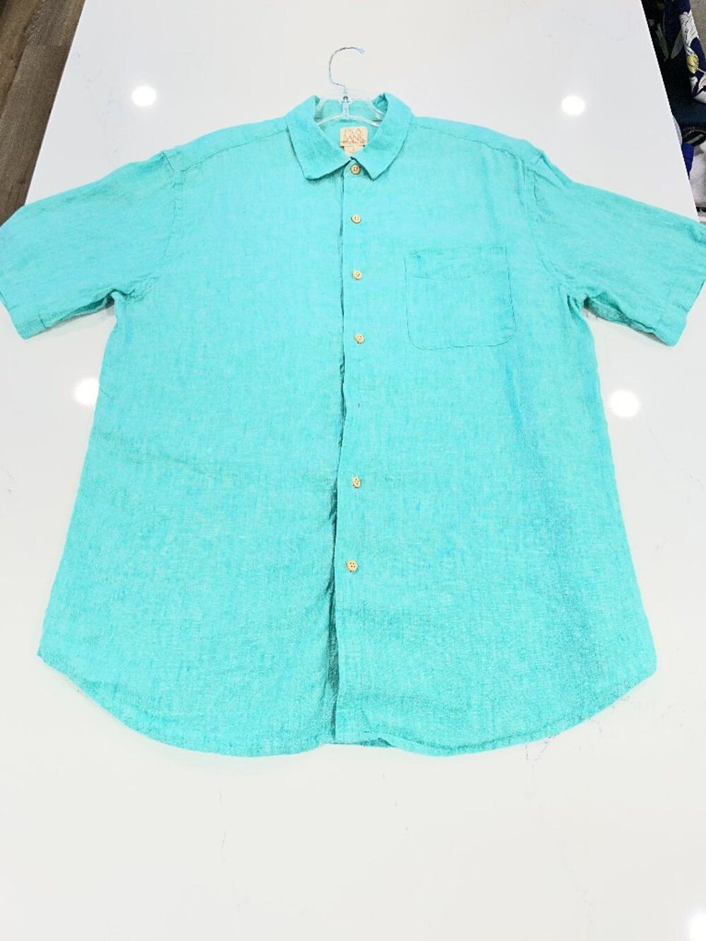 Jos A Bank Men's Shirt Linen Short Sleeve Button Front Blue Teal Size Large